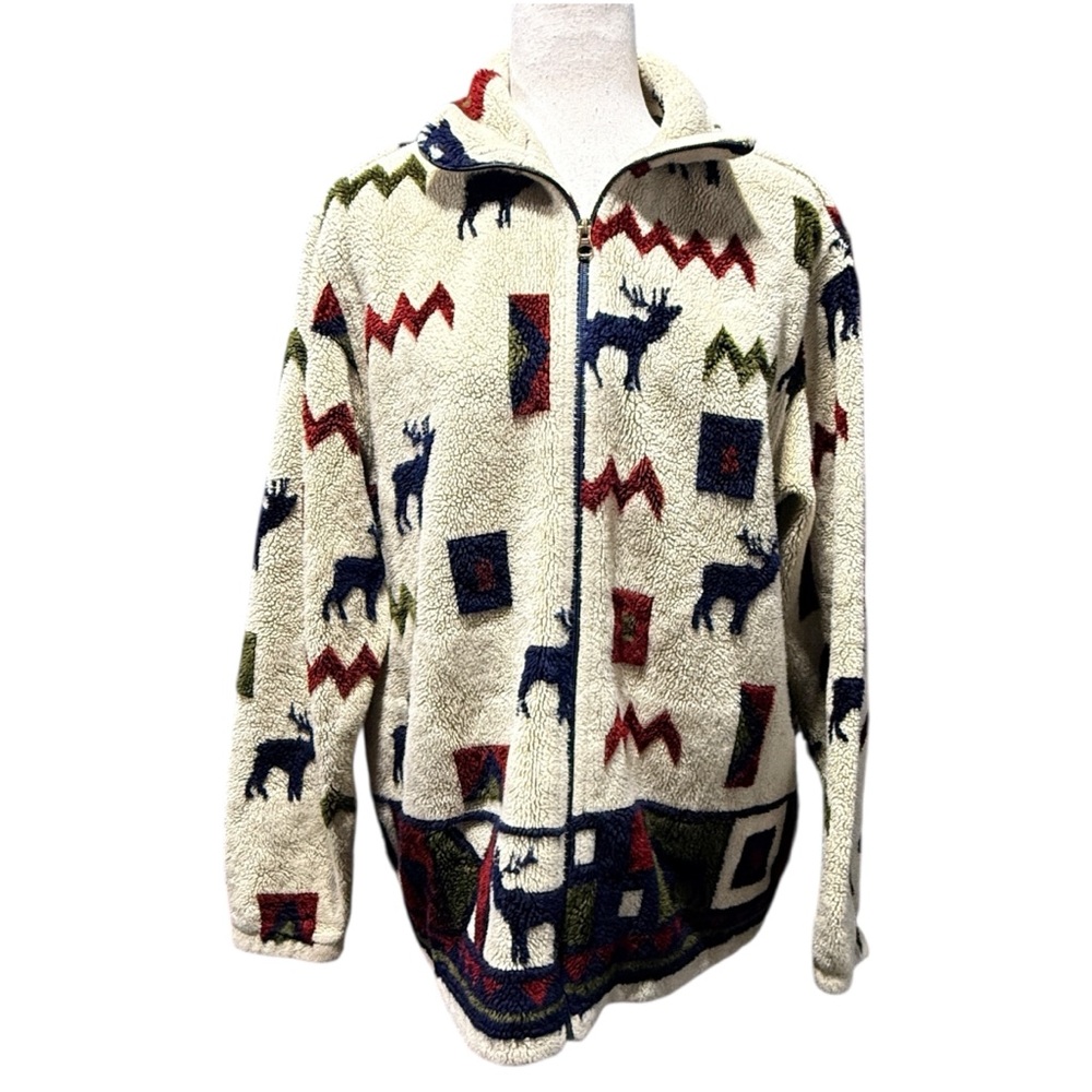 Woolrich VTG Fleece Zip-Up Jacket Moose Size M Outdoor Camp Sherpa Wildlife